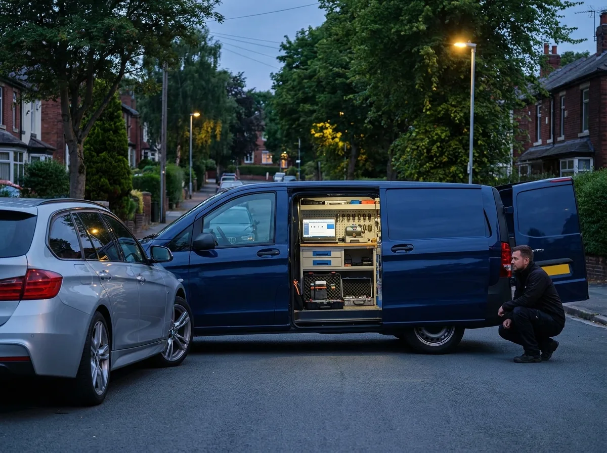 Mobile auto locksmith van and key programming tools beside a car in Leeds